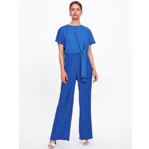 ZARA Polka Dot Jumpsuit Wide Leg Ribbed Pleat Blue & White